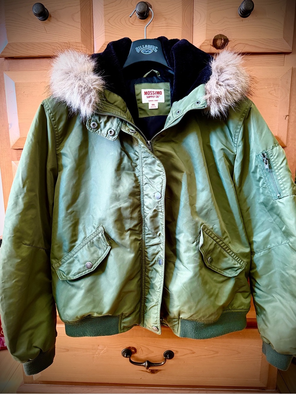 Olive Green Faux-Fur Trim Hooded Winter Jacket